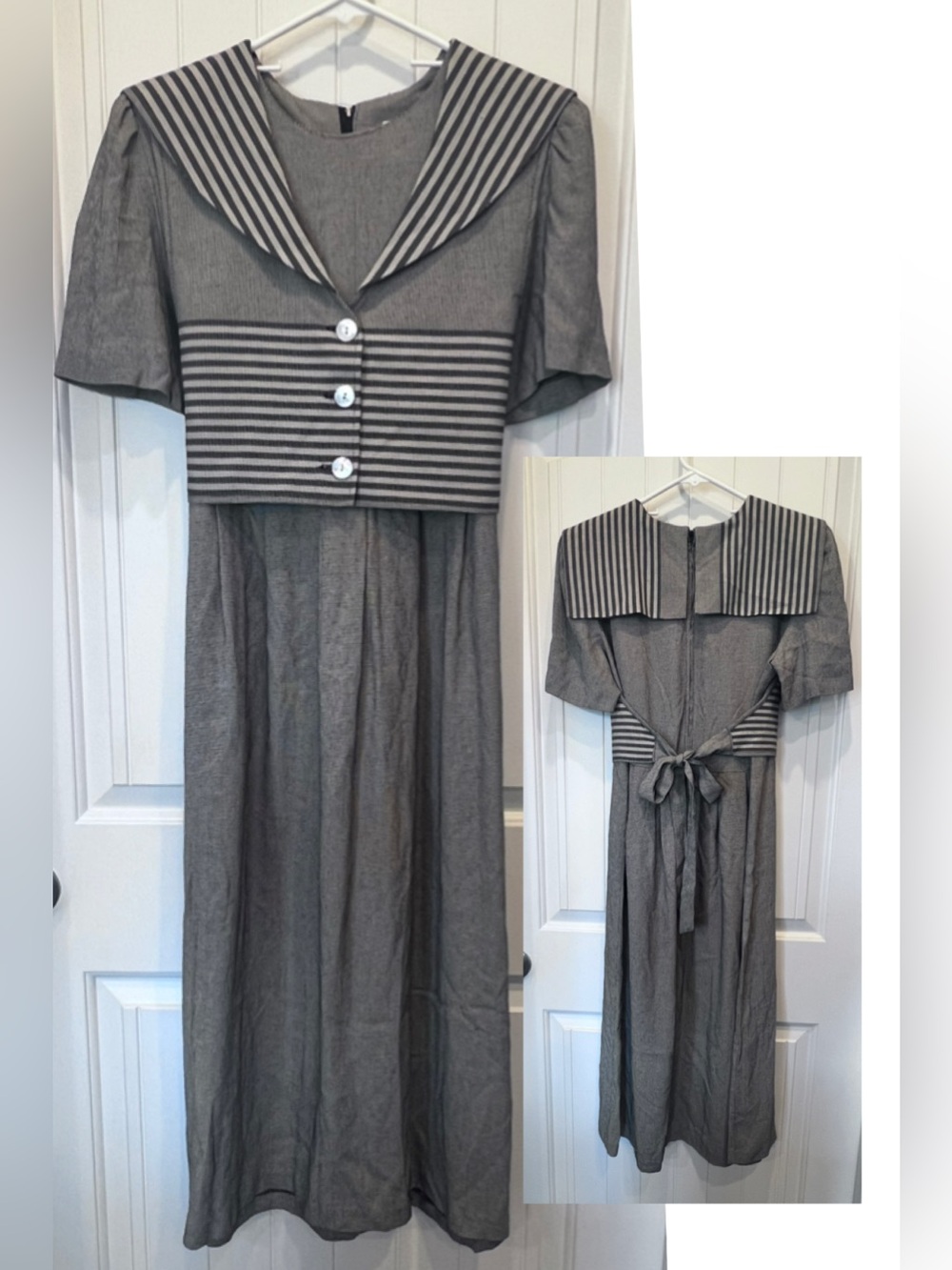 Vintage JBS Sailor-Collar Dress Tie Back Vest Overlay Mother of Pearl Buttons 14